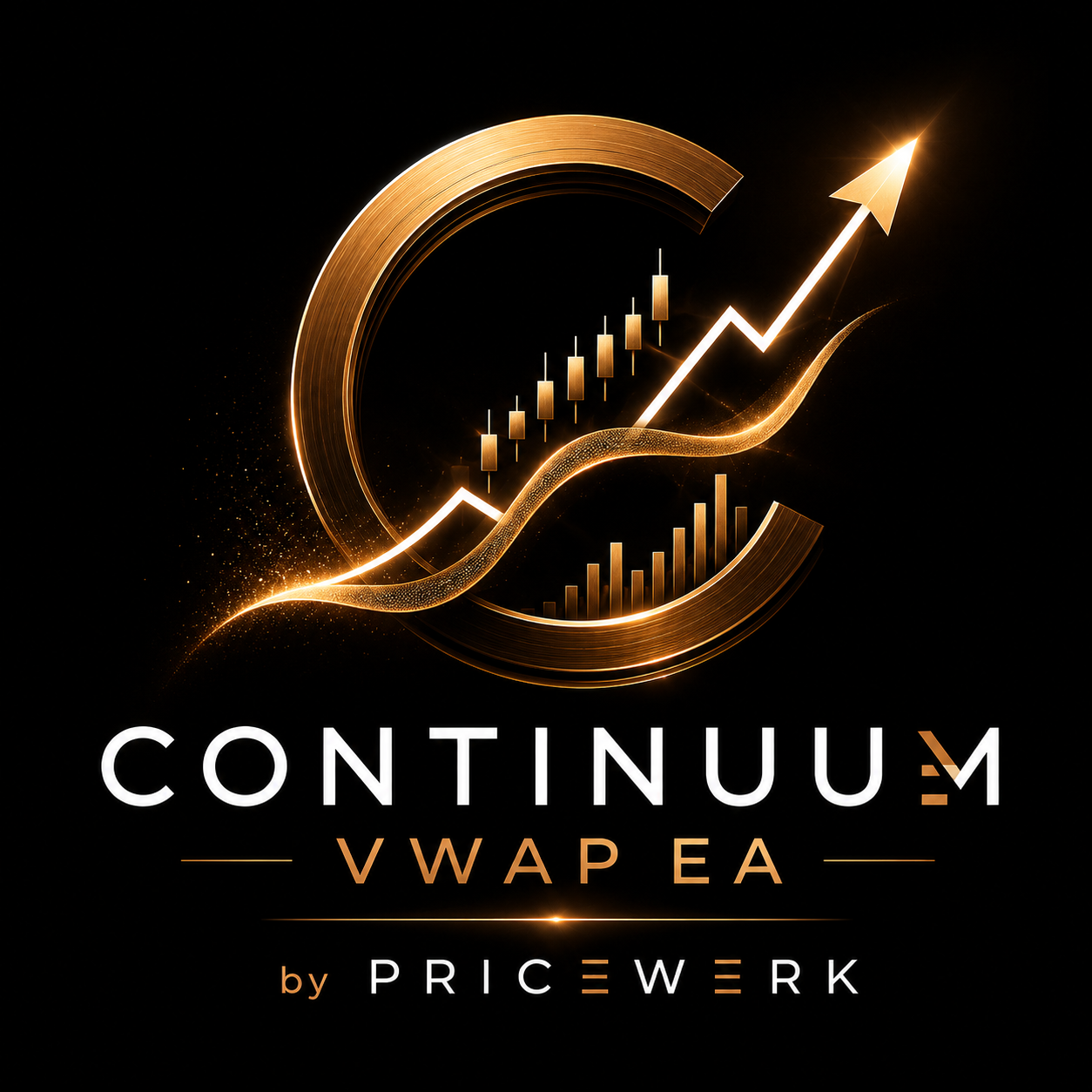 Pricewerk Continuum VWAP EA icon with copper VWAP wave, candlesticks, volume bars, and breakout arrow on a dark background.