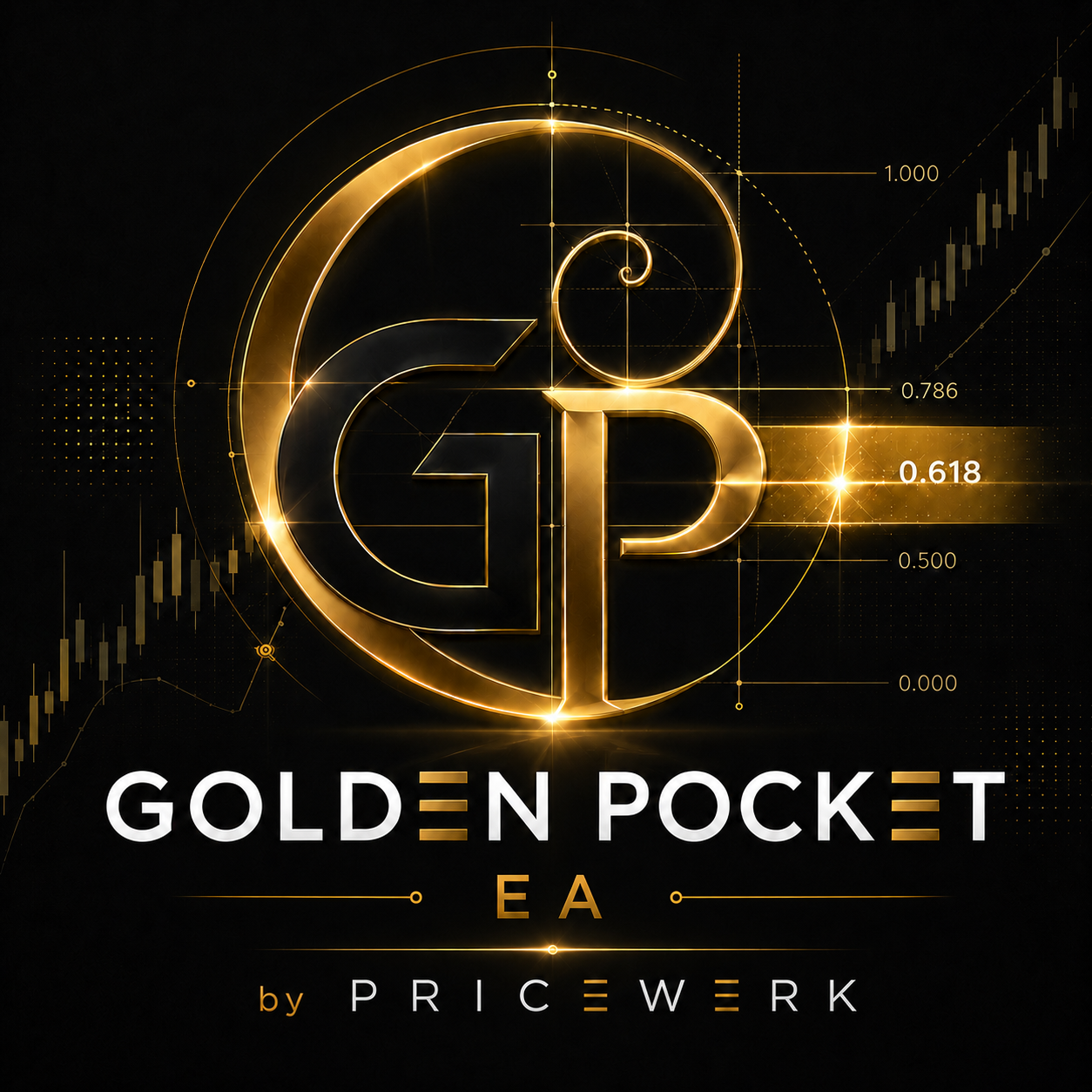 Golden Pocket EA logo with gold GP lettering, Fibonacci levels, candlesticks, and Pricewerk branding on a dark background.