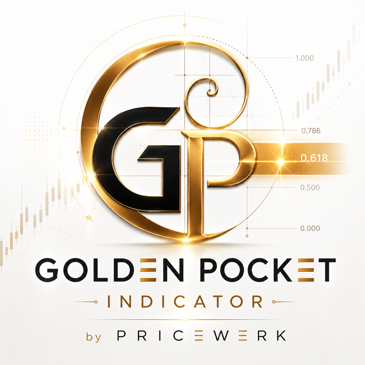 Golden Pocket MT5 logo with gold GP lettering, candlesticks, trend line, and pocket motif.