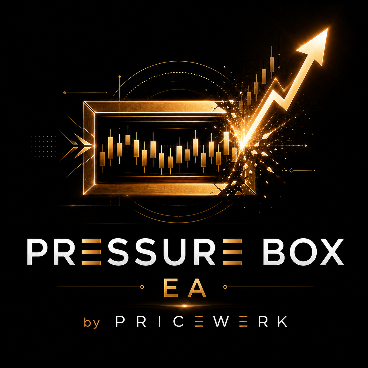 Pressure Box EA logo with compressed candlesticks inside a box and a breakout arrow on a dark background.